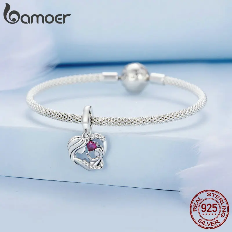 BAMOER 925 Sterling Silver Family Charms for Charms Bracelet, Mother and Child Embrace Pendant DIY Bracelet Accessories