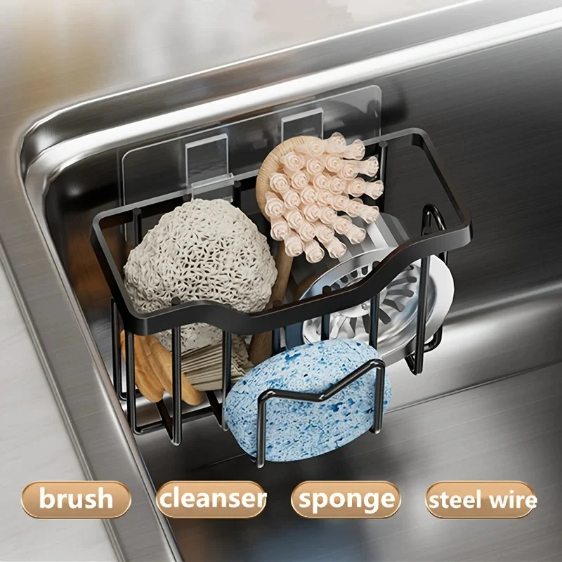 Sponge Holder Kitchen Sink Rustproof Stainless Steel Kitchen Sink Organizer with Brush Holder Drain Tray Dish Soap Sink Caddy