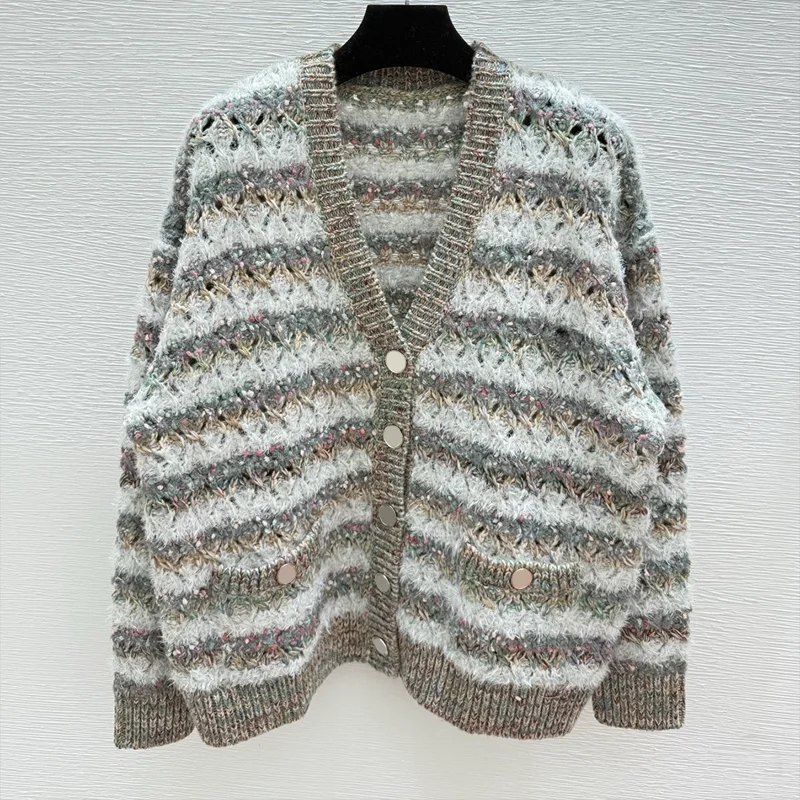 

High-quality Korean-style women's cardigan sweater with deep V-neck, mixed fibers, color-blocking and openwork design 25916206