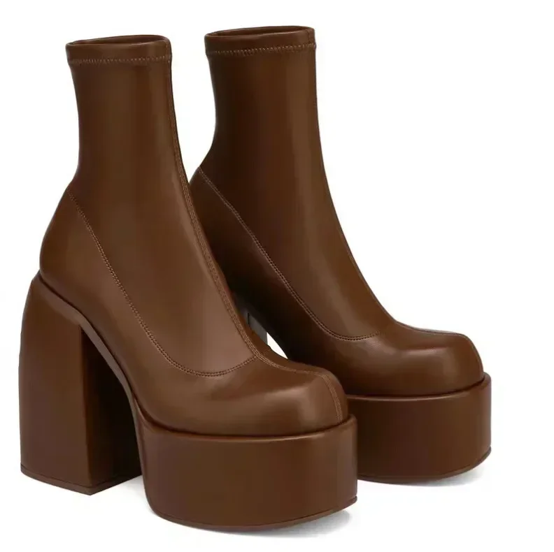Designer enkellaarsjes voor dames merk vrouw hakken platform dikke blauwe cowboylaarzen effen PU damesschoenen nieuwe sexy 10 cm hoge hakken