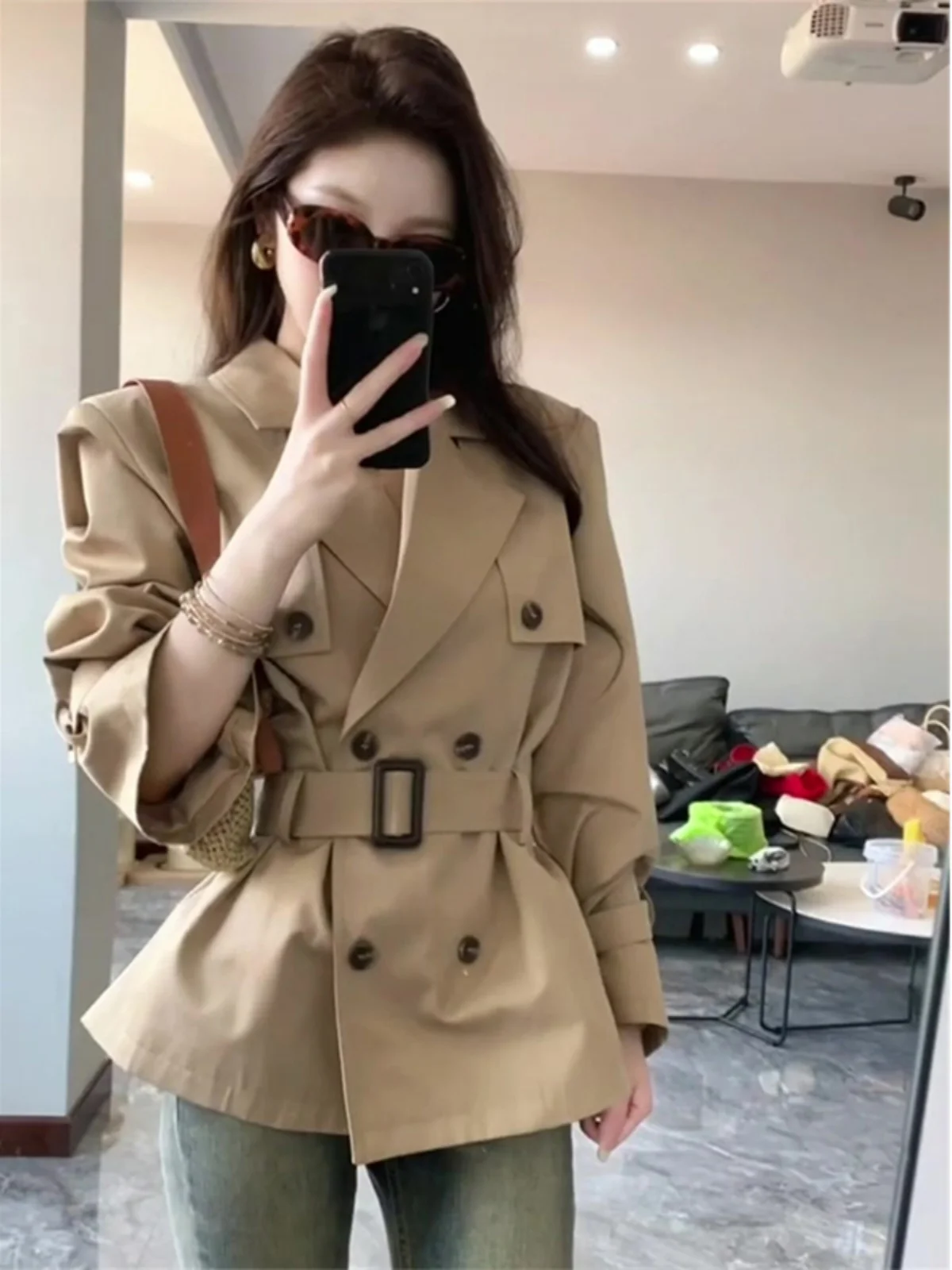 Abrigo de color kaki de estilo británico para mujer, chaqueta cortavientos elegante de cintura alta para primavera y otoño, talla pequeña