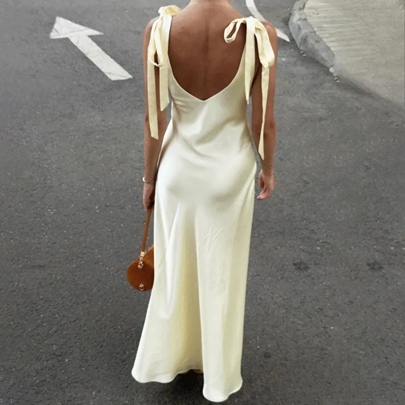 

Talenza Elegant Bow Long Dress Women's Summer V Neck Sexy Backless Lace Sleeveless Dress High Waist Female Party Evening Dress