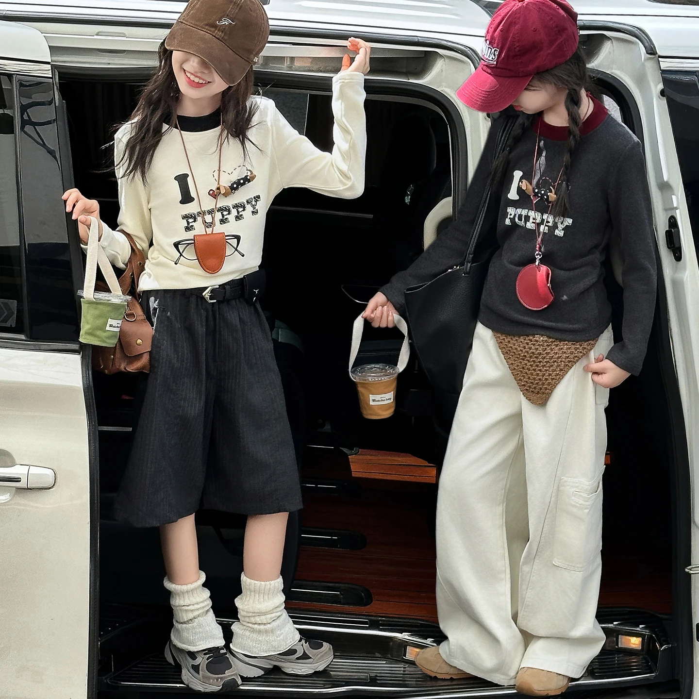 autumn teenager girls Cartoon dog t-shirt clothes 4 6 8 10 12 14 Apricot ,dark gray  junior kids tops tee children clothing