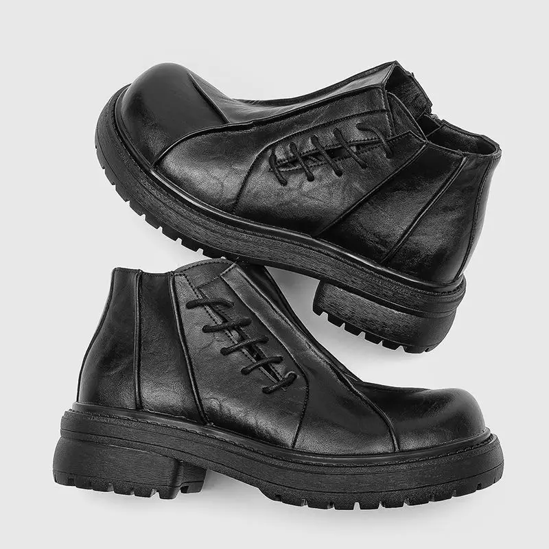 Wrinkled Thick Soled Round Toe Couple Boots Fashionable Style Lace Up Height Increasing Casual High-end Feel Motorcycle Boots