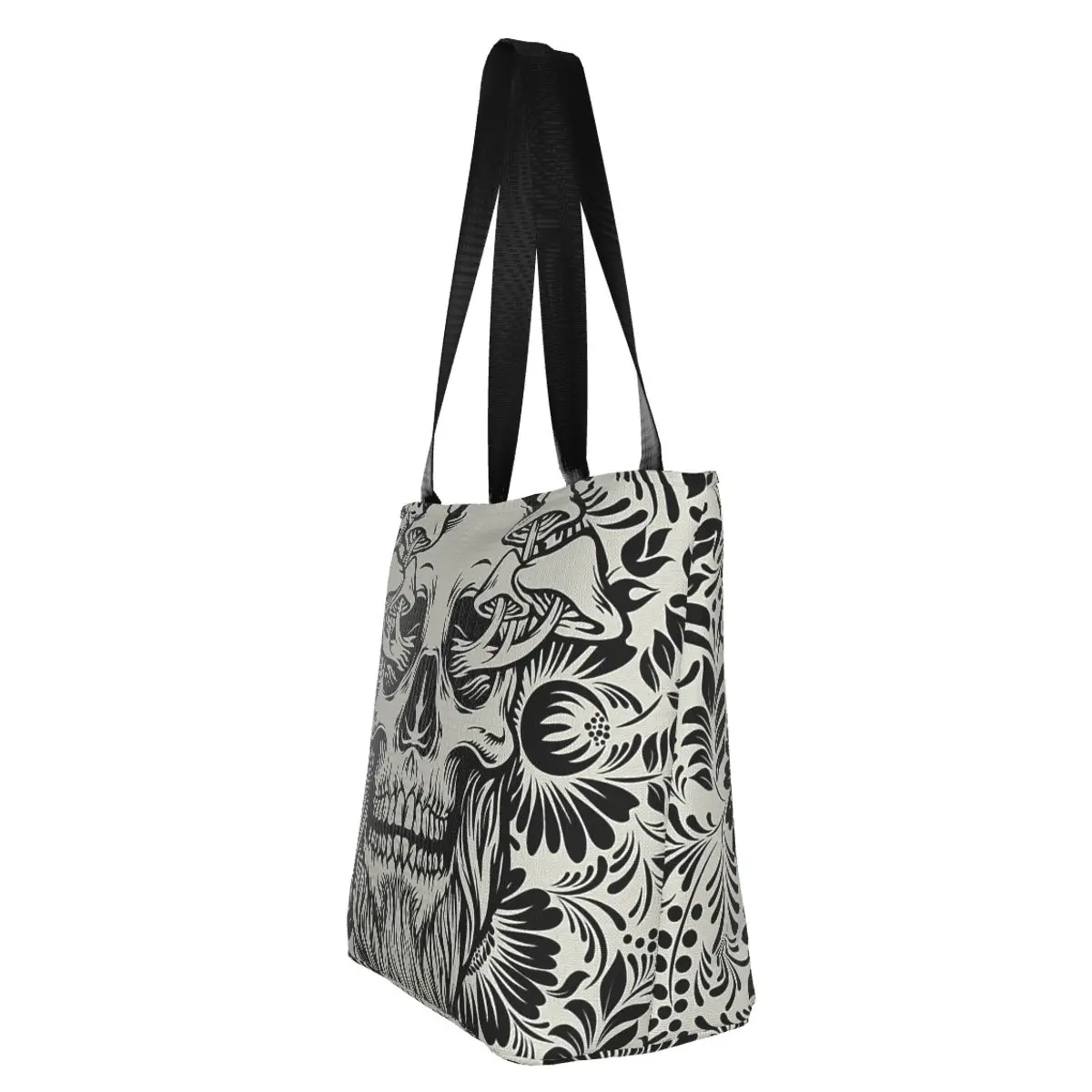 Skull Mushrooms  Gray & Black Goth Polyester outdoor girl handbag, woman shopping bag, shoulder bag, canvas bag, gift bag