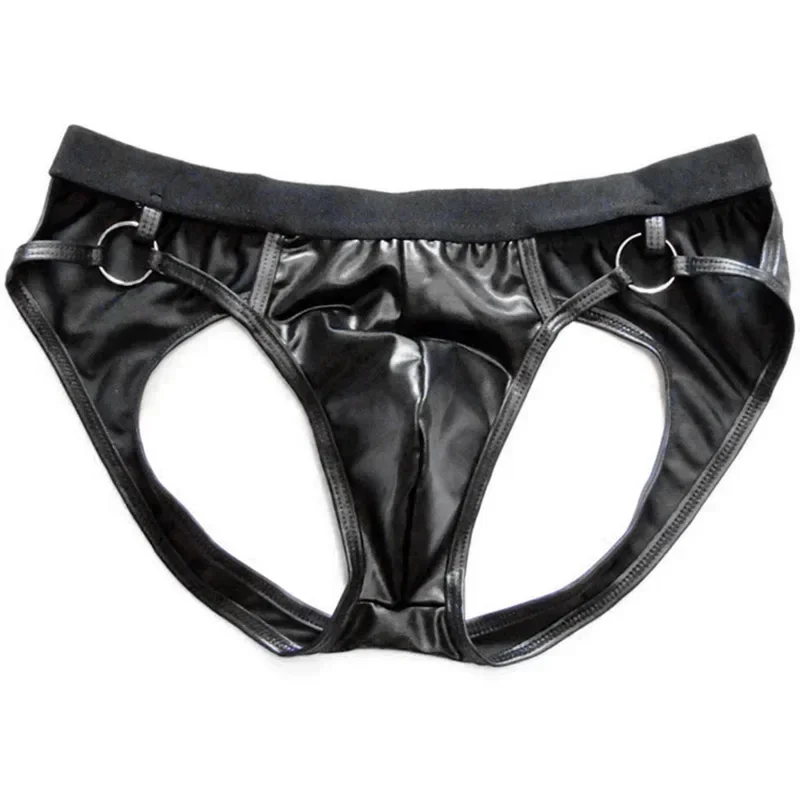 1Pc Black Men\'s PU Leather Briefs G-Strings Lingerie Underwear U-convex Pouch Thongs Low Waist Panties Male Underpants