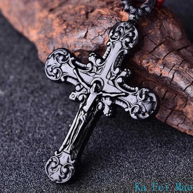 Natural Black Obsidian Jesus Cross Pendant Beads Necklace Fashion Charm Jewellery Hand-Carved Lucky Amulet Gifts Her Women Men