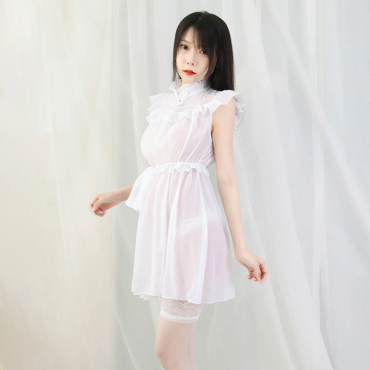 Cute White Chiffon Dress Women Maid Cosplay Costume Nightdress Underwear Sweet Retro Role Play Outfits Lingerie Princess Dress