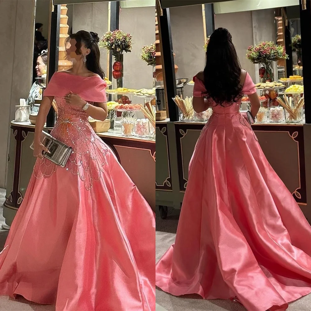 

Customized Exquisite Pink Satin Evening Dress Temperament Boat Neck Off the Shoulder Short Sleeves Zipper Back Celebrity Gowns