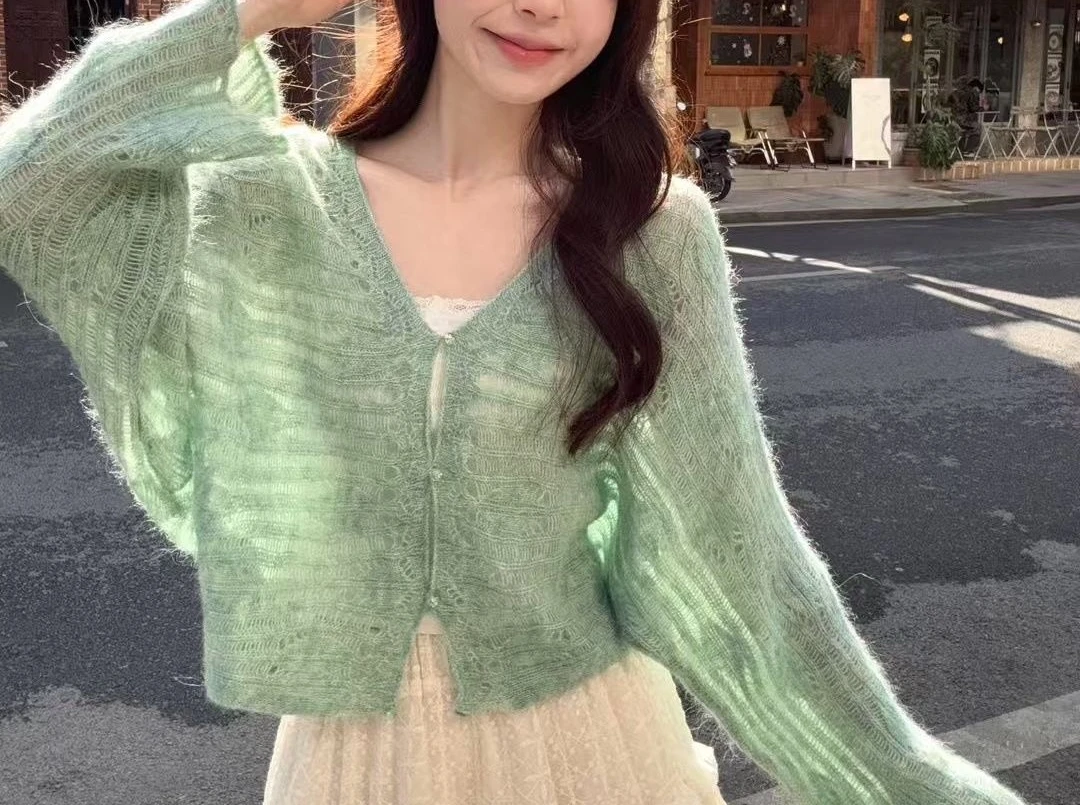 

Knitted Cardigan Sweater 2025 Thin Spring Summer Sunscreen Hoodie New Coat Lazy Top