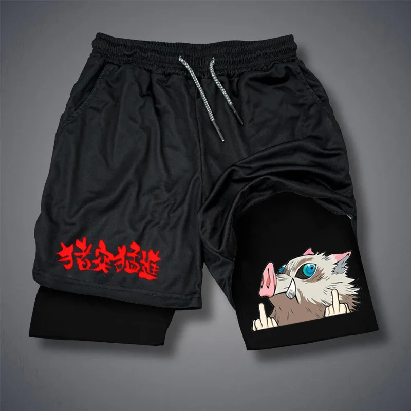 남성 피트니스 퍼포먼스 러닝 트레이닝 스포츠 반바지 패션 프린트 2-In-1 더블 레이어 여름 메쉬 속건성 비치 반바지