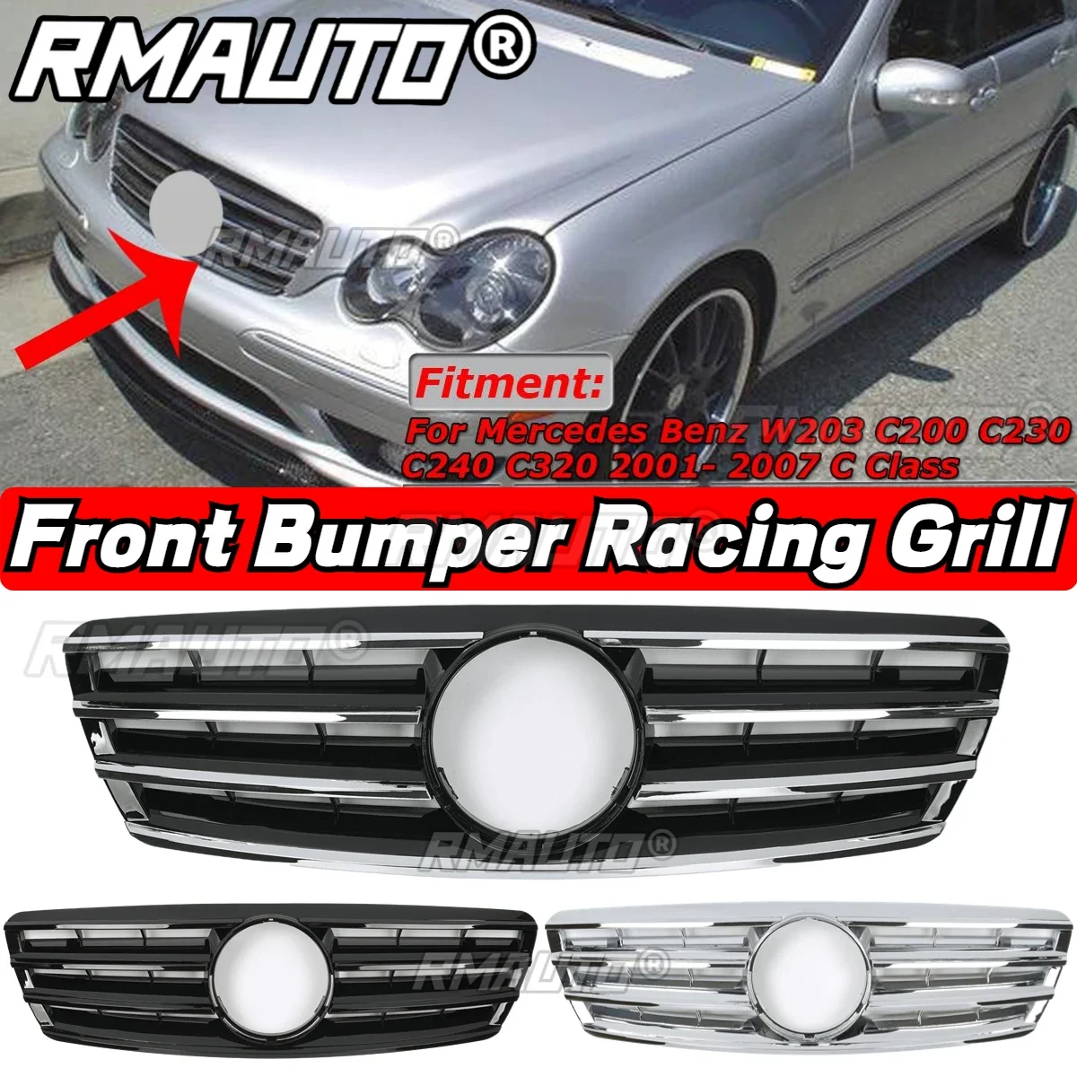

W203 Решетка переднего бампера автомобиля Racing Grill Body Kit для Mercedes Benz W203 C200 C230 C240 C320 2001-2007 Автомобильные аксессуары