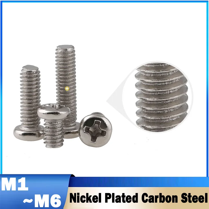 10~500Pcs Round Head Screws M1 M1.2 M1.4 M1.6~M8 Nickel Plated Carbon Steel Cross Phillips Round Pan Head Screw Bolt