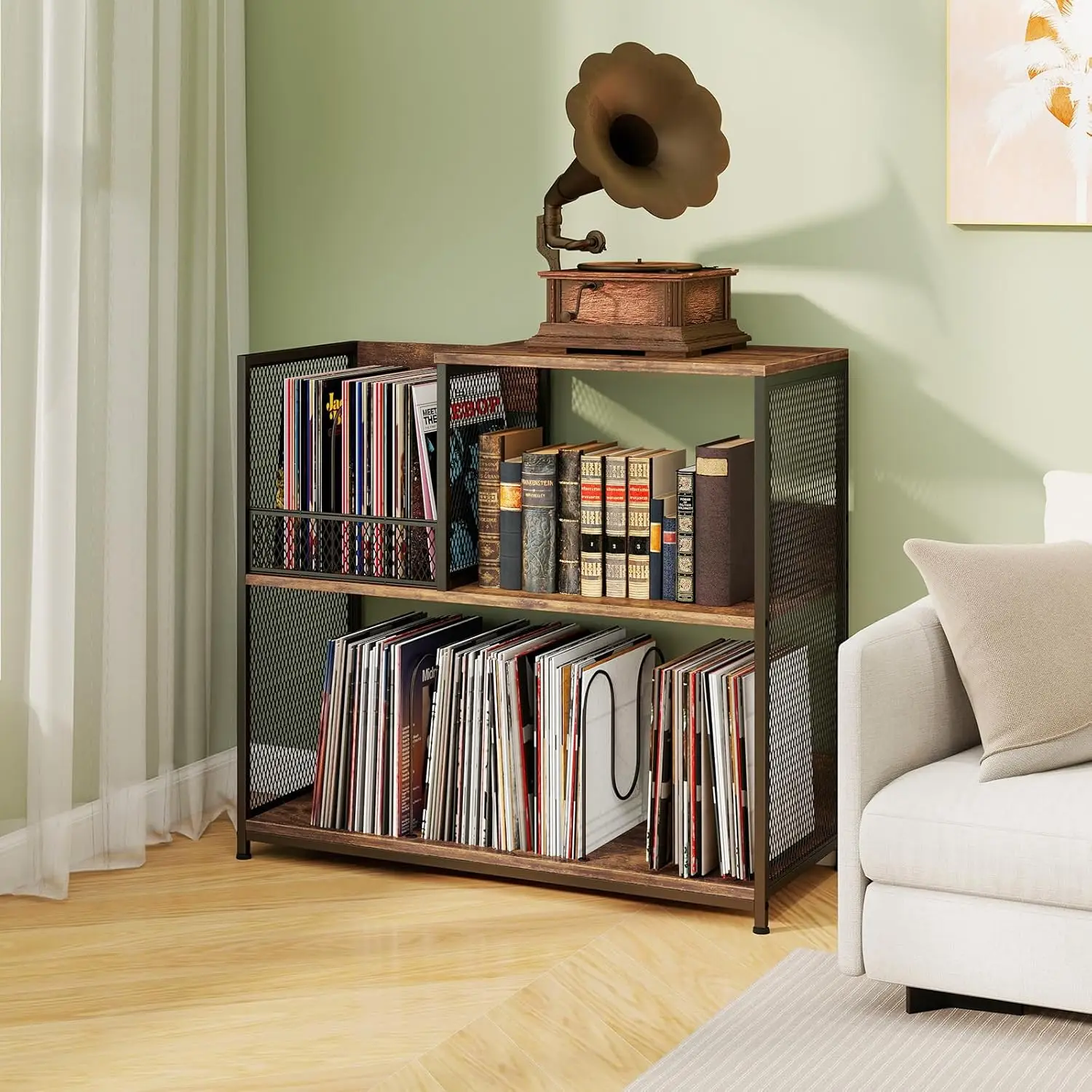 Il supporto per giradischi a 3 livelli può contenere fino a 300 album, tavolino girevole con 3 divisori rimovibili e struttura in metallo, display in vinile