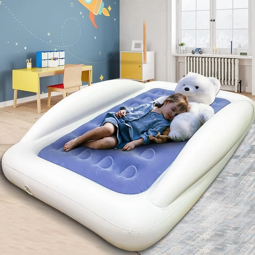 Inflatable Kids Travel Bed Toddler Air Mattress Set - Portable Blow Up Mattress Sleeping Bed Cot with Security Bed Rails