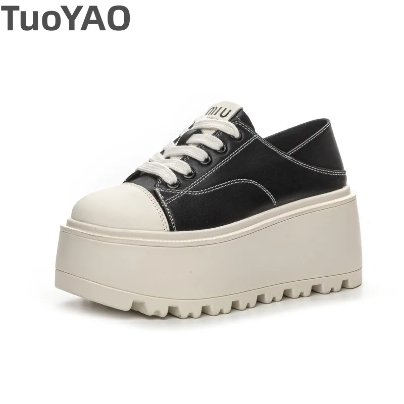 

8cm Genuine Leather Platform Wedge Chunky Sneakers Pumps Platform 2024 New Women Shoes Zapatos De Mujer White Vulcanize Fashion