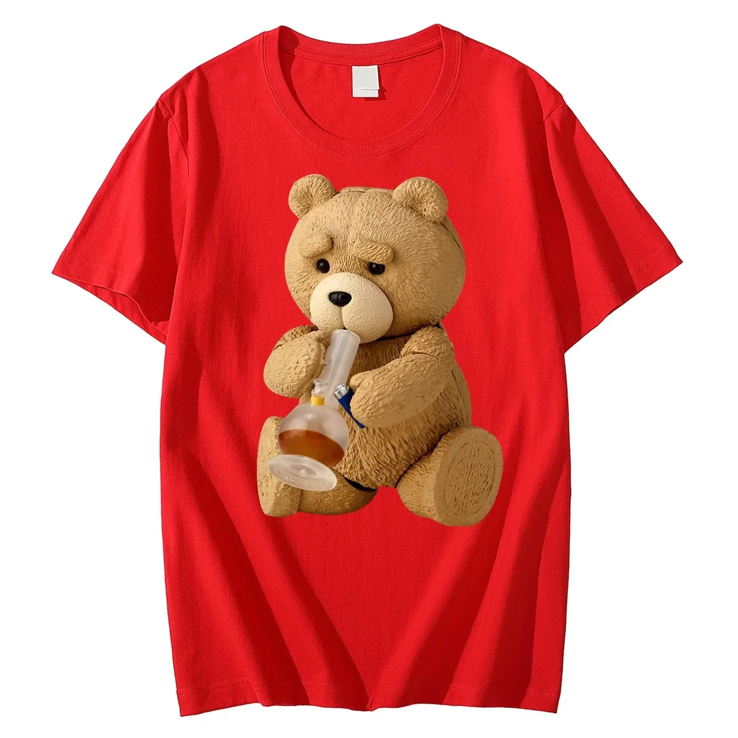 2024 New Print Cute Teddy Bear Drinking Beer Poster T-shirt Summer Short sleeved T-shirt Cool Casual High Quality Top