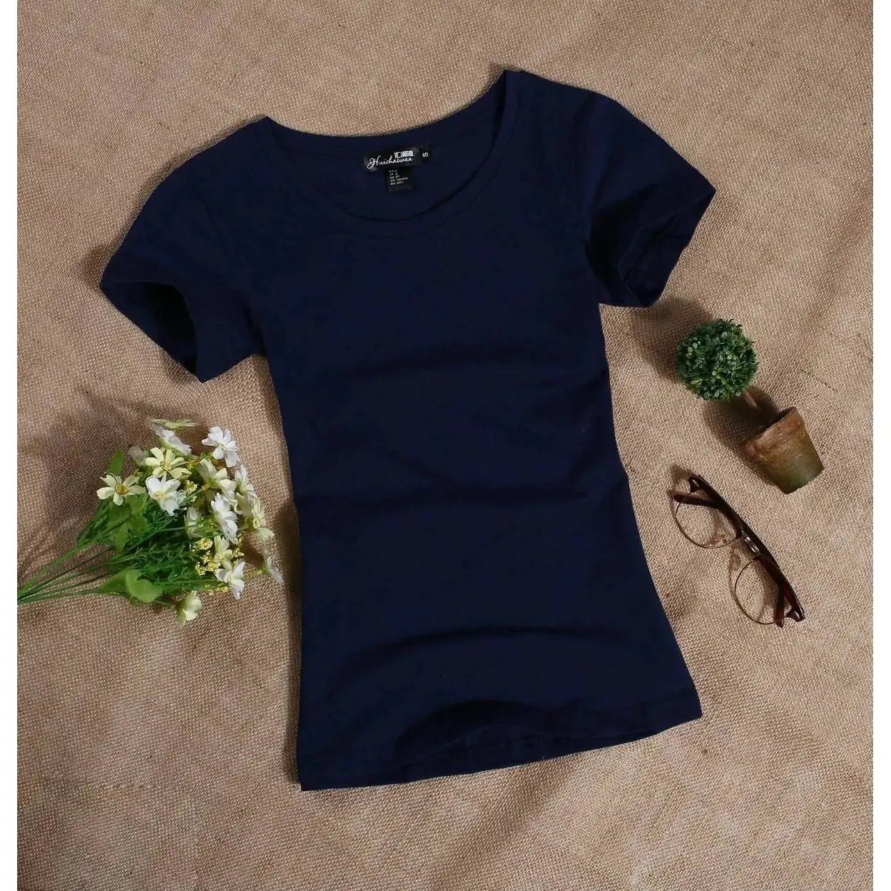 T-shirt da donna ort Sve in puro cotone semplice bianco slim fit rotonda Ne No Brand Marchio registrato 8-24 anni