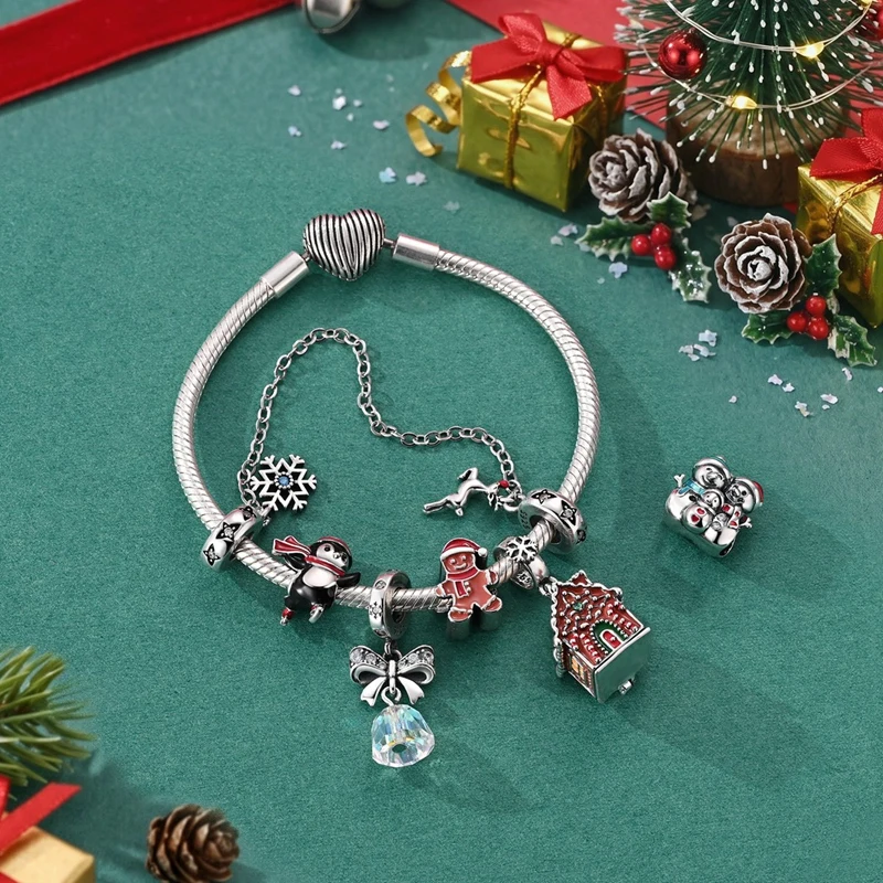 925 Sterling Silver Christmas Charms Pendants Snowman Christmas Tree Gingerbread Man Beads Fit DIY Bracelet Unisex Women Jewelry