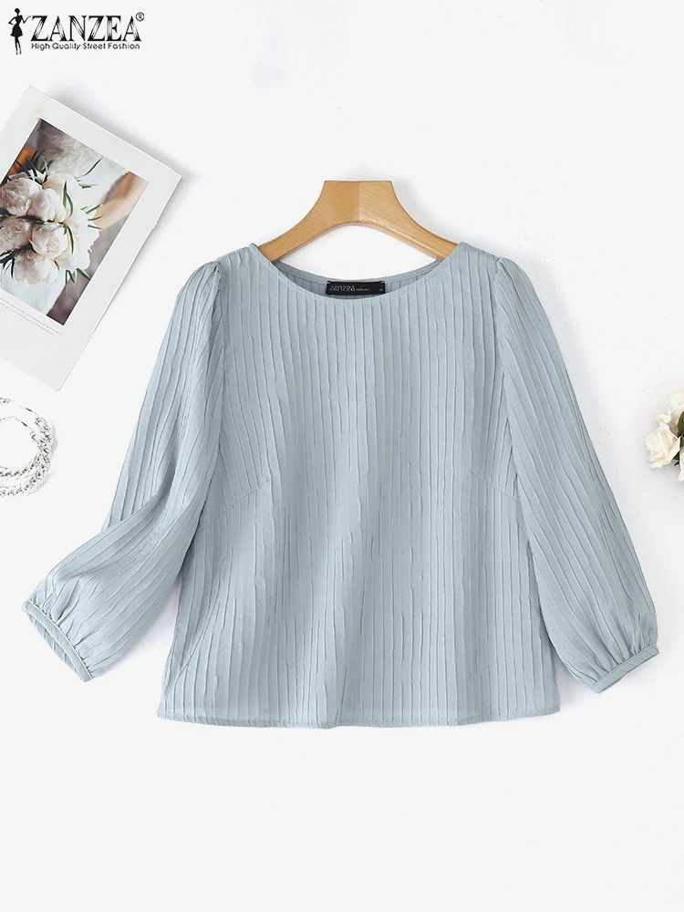 Zanzea blusa sólida feminina casual três quartos topos 2025 ol senhoras escritório pulôver verão solto o pescoço túnica oversized