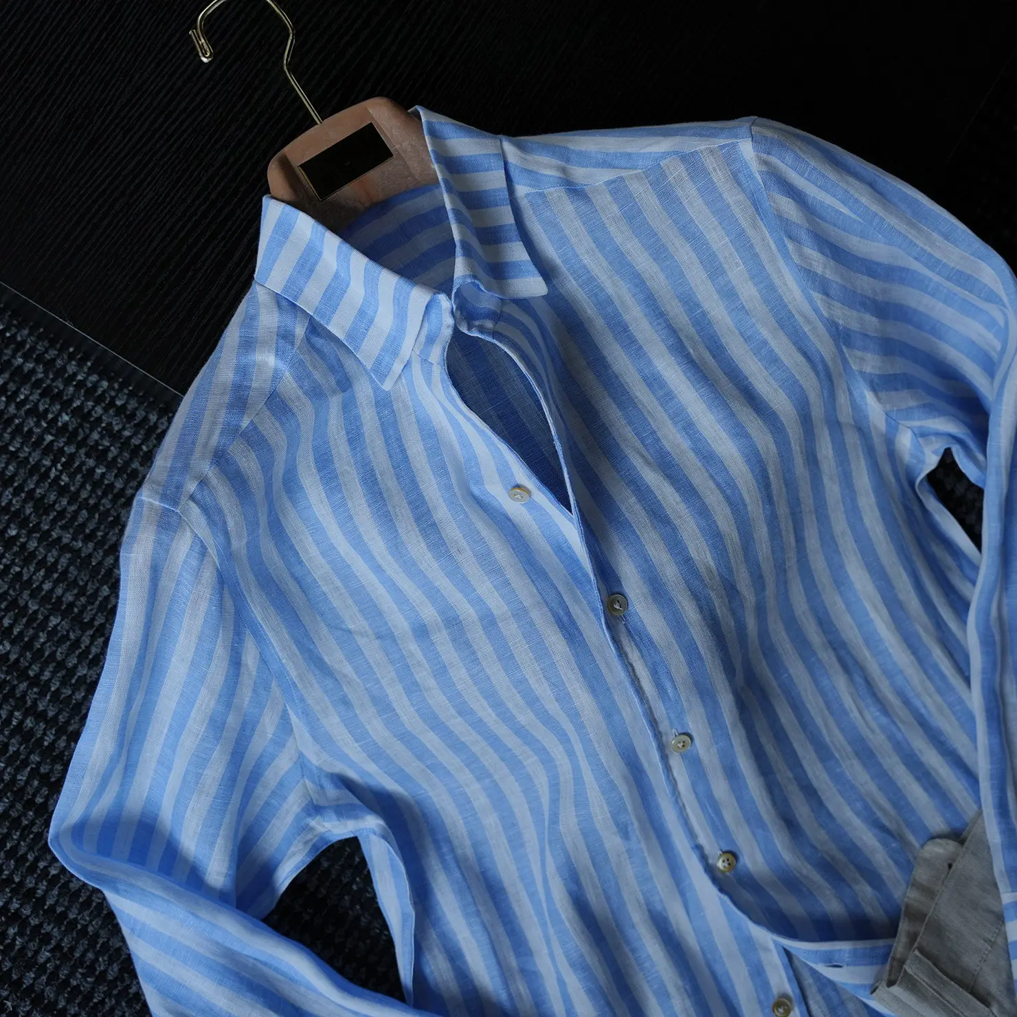 

Haute couture slack old money wind 100% linen one piece collar striped shirt men's shirt