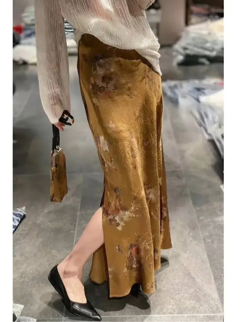 

Женские элегантные плиссированные юбки с позолоченным принтом, корейская мода, юбки с высокой талией, винтажные длинные юбки-рыбки, летние KJK3