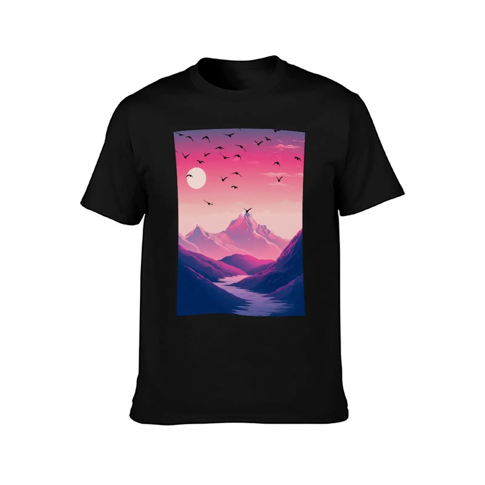Romantic sunset sunrise flying crows T-Shirt, Summer Casual Cotton Tee, Oversized Streetwear Tops, Vintage Graphic Print