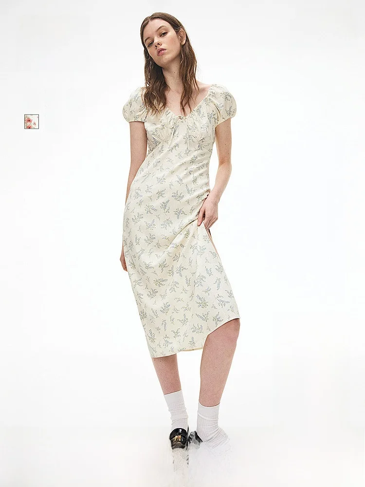 

H&M Women's Dr Spring V-ne Bubble Sve Loose Plant Print Long Dr Casual Sle Floral Print ort Sve Stand Fit