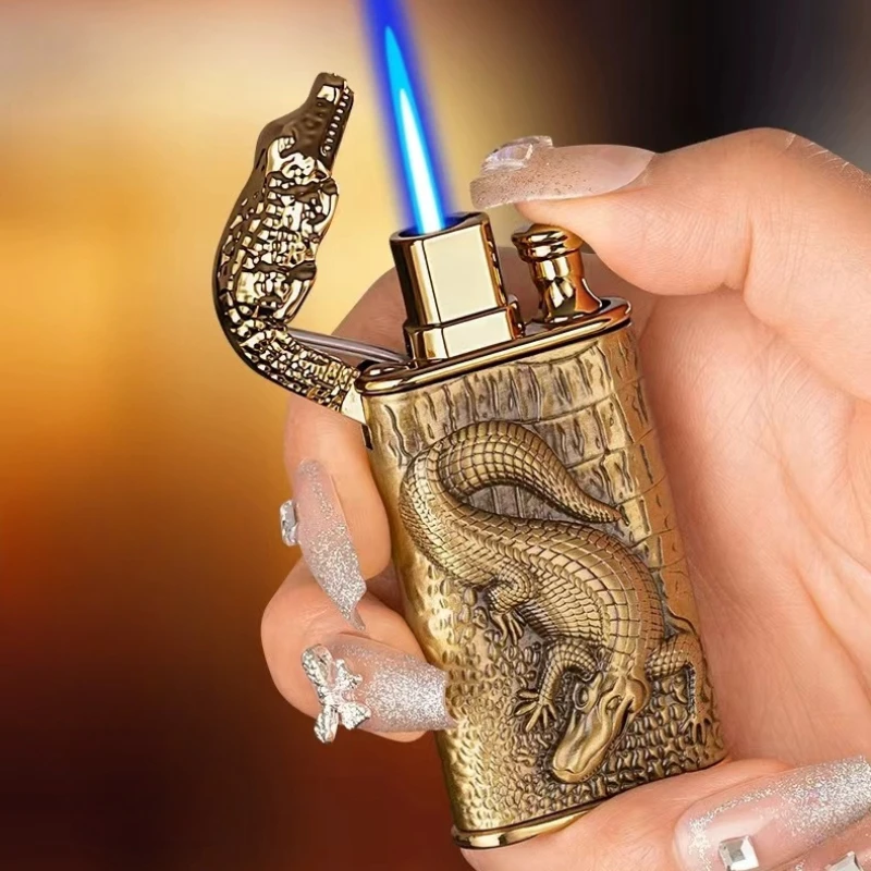 2023 3D Relief Dragon Crocodile Double Fire Lighter Metal Windproof Jet Fire Open Fire Conversion Gas Lighter Smoking Men\'s Gift