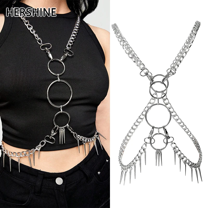 HERSHINE Women's Sexy Silver Ring Spike Body Chain Set, Y2K Gothic, Punk, Harajuku, Rock & Hip Hop Accessories，spring，summer