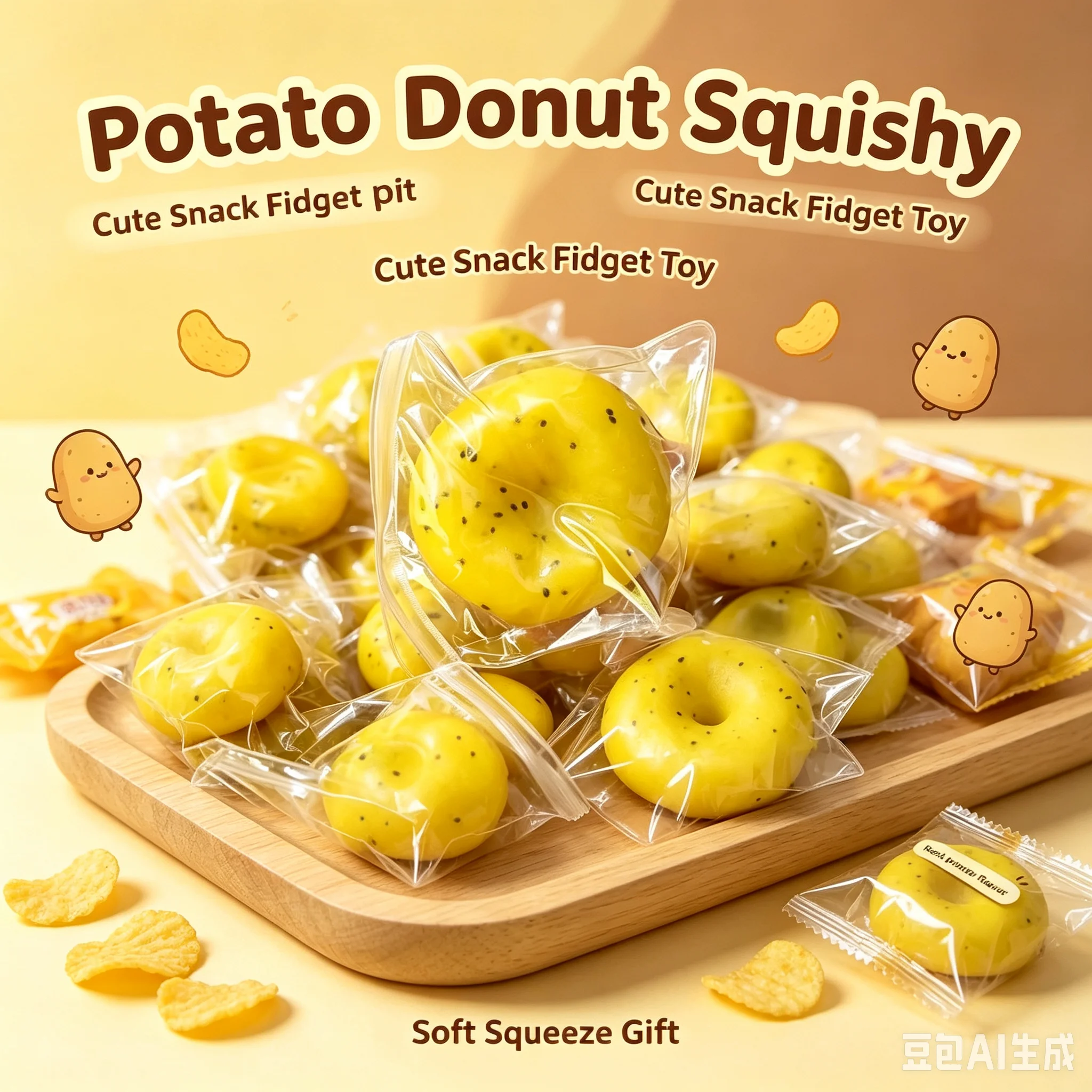 Jouet Squishy Donut Pomme de Terre Jaune en Forme de Beignet avec Points Noirs, Doux, à Rebond Lent, Jouet Anti-Stress à Presser, Emballage Individuel