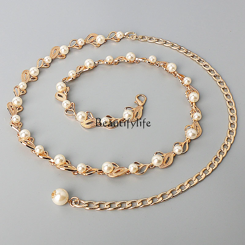 Pearl Belt with Skirt, All-Match Decoration, Thin Waist Chain, Metal Chain