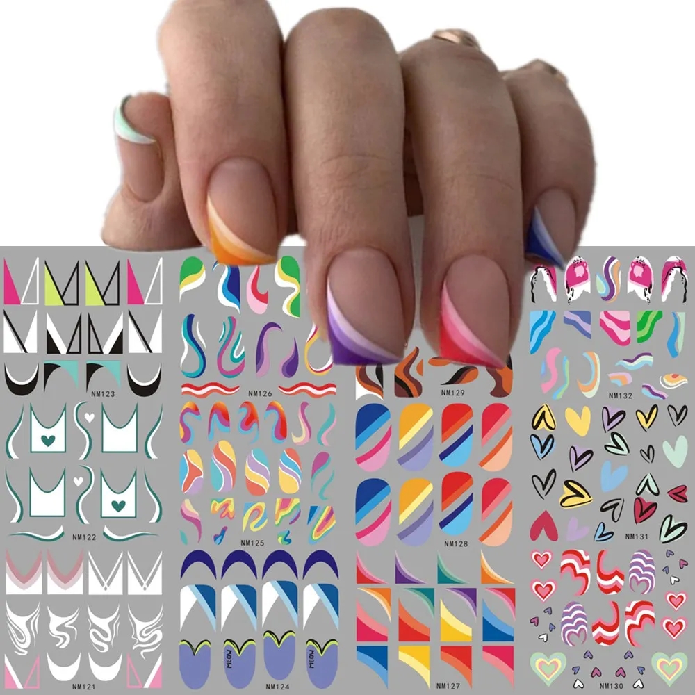 French Tips Nail Slider Stickers Tattoo Geometric Lines Nail Art Transfer Water Decals Manciture Decoration