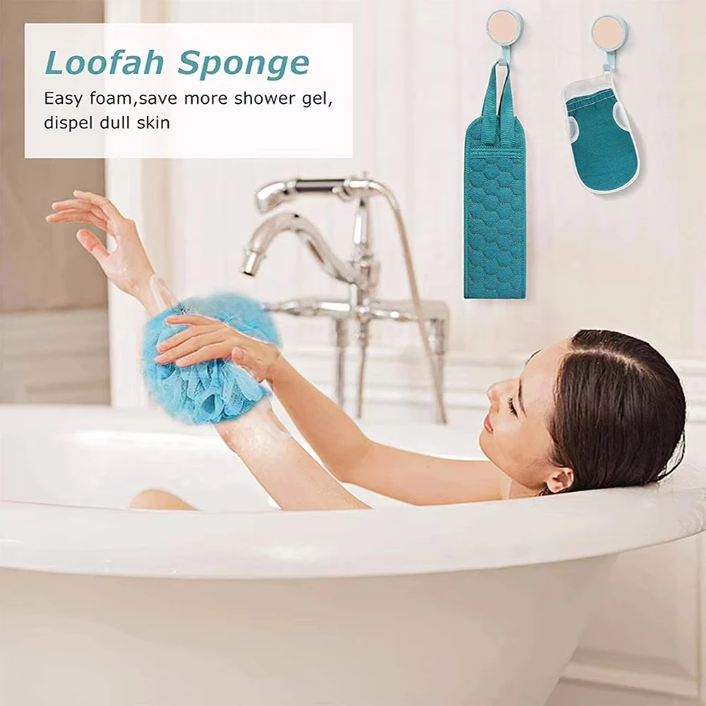 Derinlemesine Temizlik ve Hijyen için Sırt Fırçası, Banyo Eldiveni ve Duş Süngeri Lifli Peeling Vücut Fırçası Seti