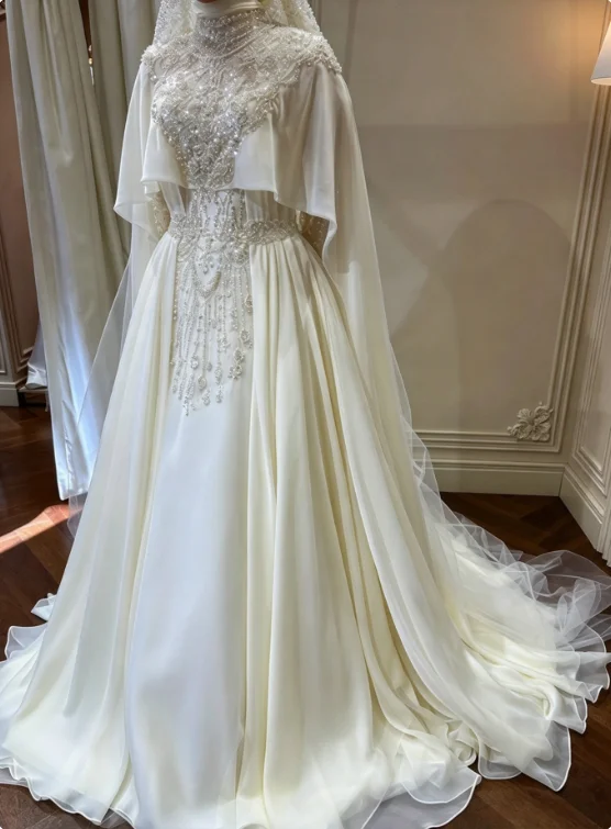 Ivory Muslim Wedding Dress Women High Neck Cape Sleeve Beaded Lace A Line Arabic Bridal Evening Gown Customized свадебное платье
