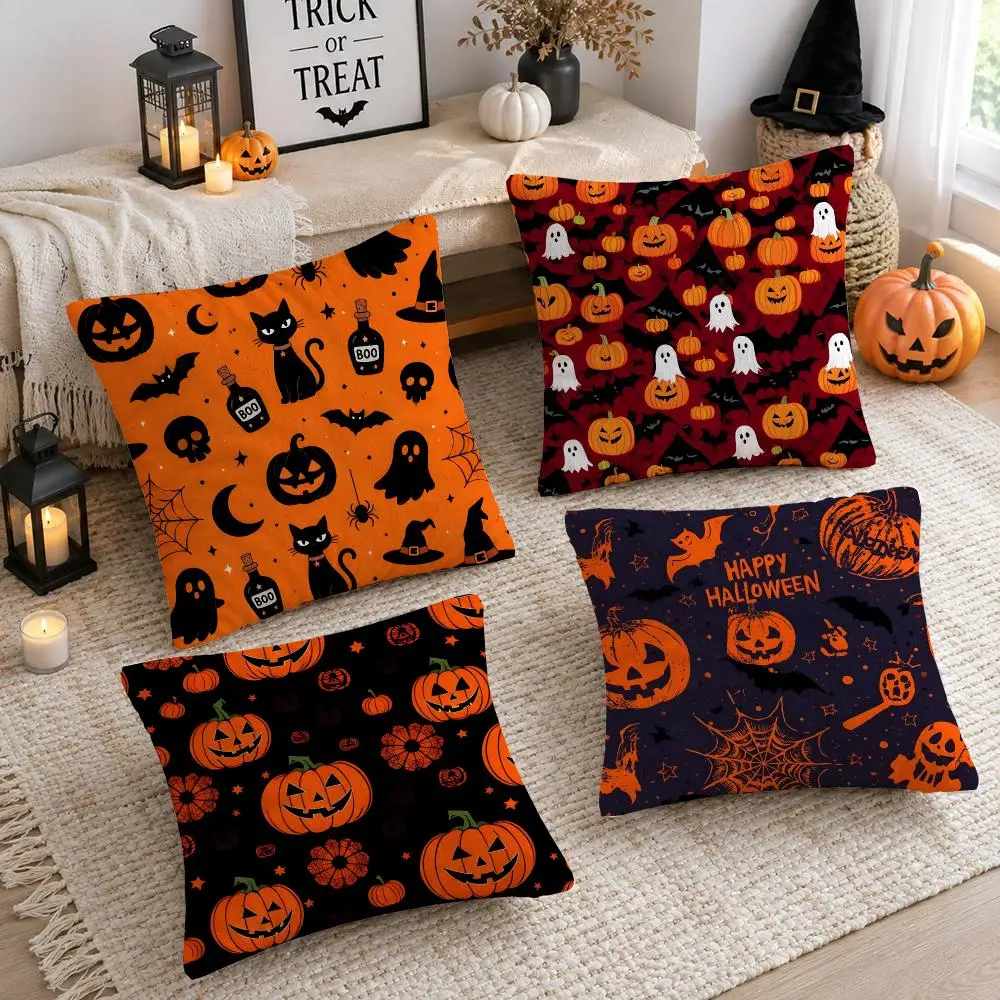 Retro Pumpkin Bat Halloween Cushion Cover Plush Decorative Pillow Case With Hidden Zipper Cutecore Room Decor For Home