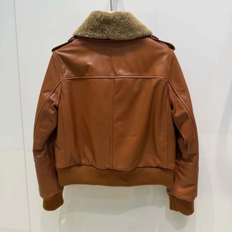 new fashion genuine leather jacket with real wool collar short length big pockets Inner lining with cotton thick warm