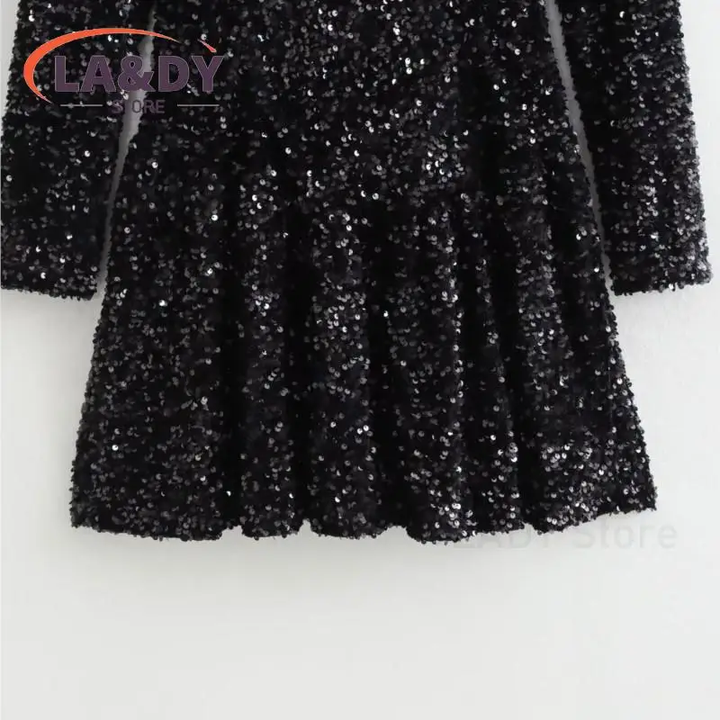 Elegance Party Dresses Women 2024 Fashion Sequin V-Neck Female Solid Color Casual Long Sleeve Black Dress Ladies