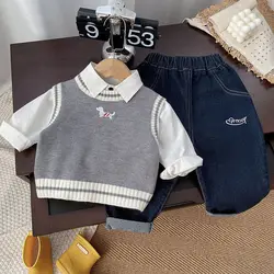 Autumn Toddler Boys 3PCS Clothes Set Cotton Solid Shirts Knitted Vest Denim Stretch Sanding Pants Suit Kids Baby Boys Outfits