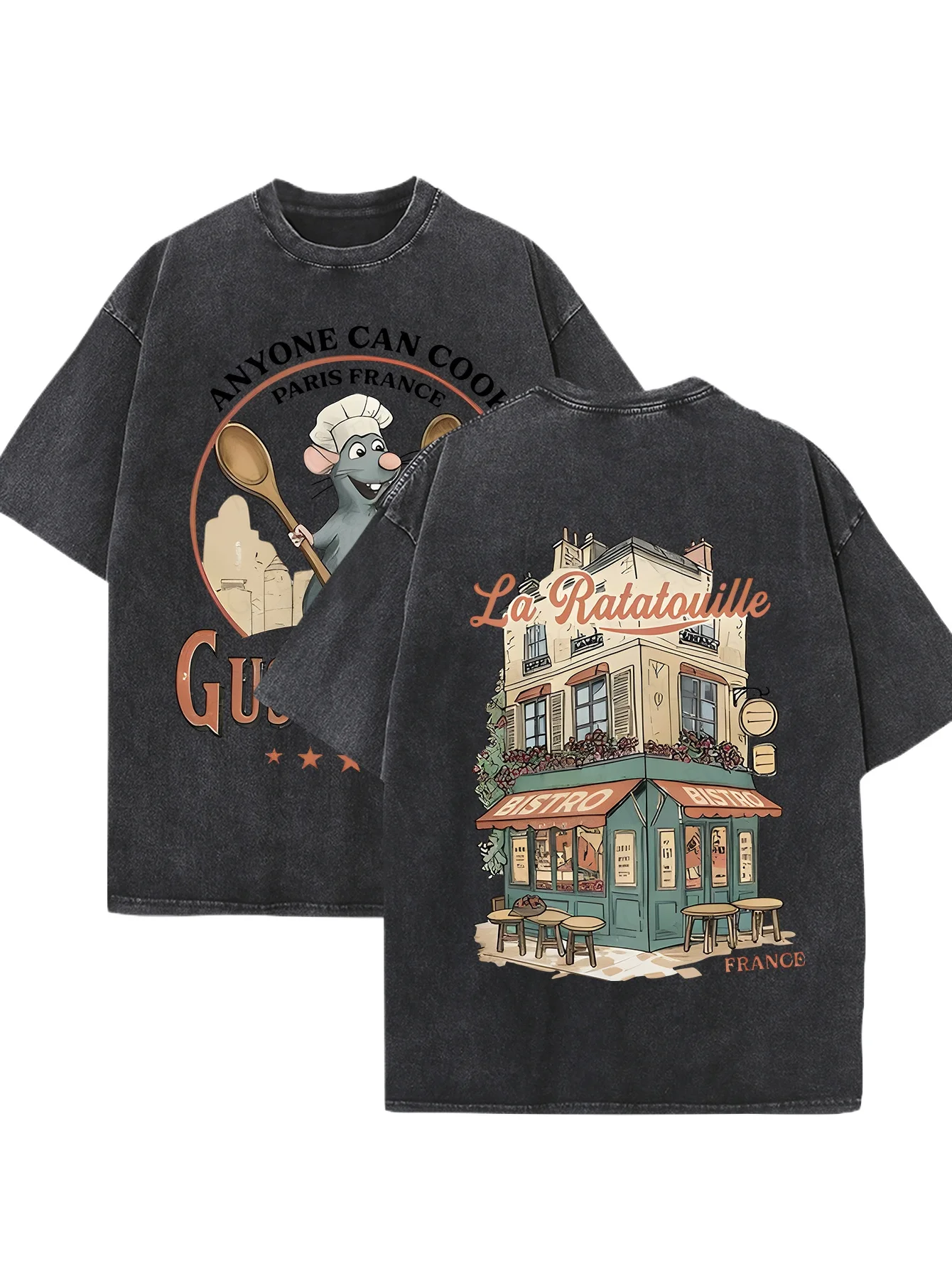 

Disney Distressed Wash Ratatouille Bistro Tee Double-sided printed women's T-shirt all-season style 100% washed cotton T-shirt