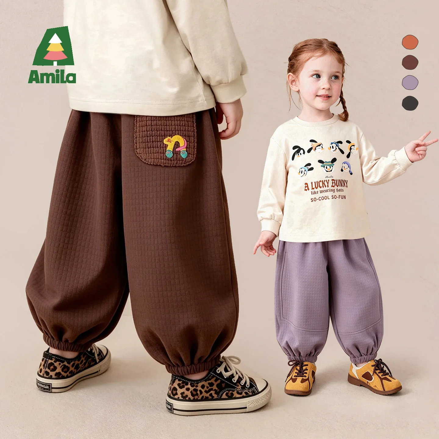 Amila 2026 Autumn New Kids Jogger Pants Cartoon Embroidery Simple Loose Fit Casual Soft Daily Versatile Long Pants