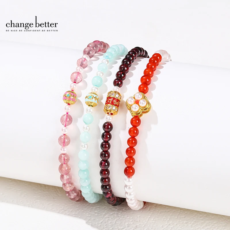 Change Better 4mm Natural Crystal Bead Bracelet Women Luxury Elegant Garnet Strawberry Quartz Elastic Bangles Girlfriend Gifts