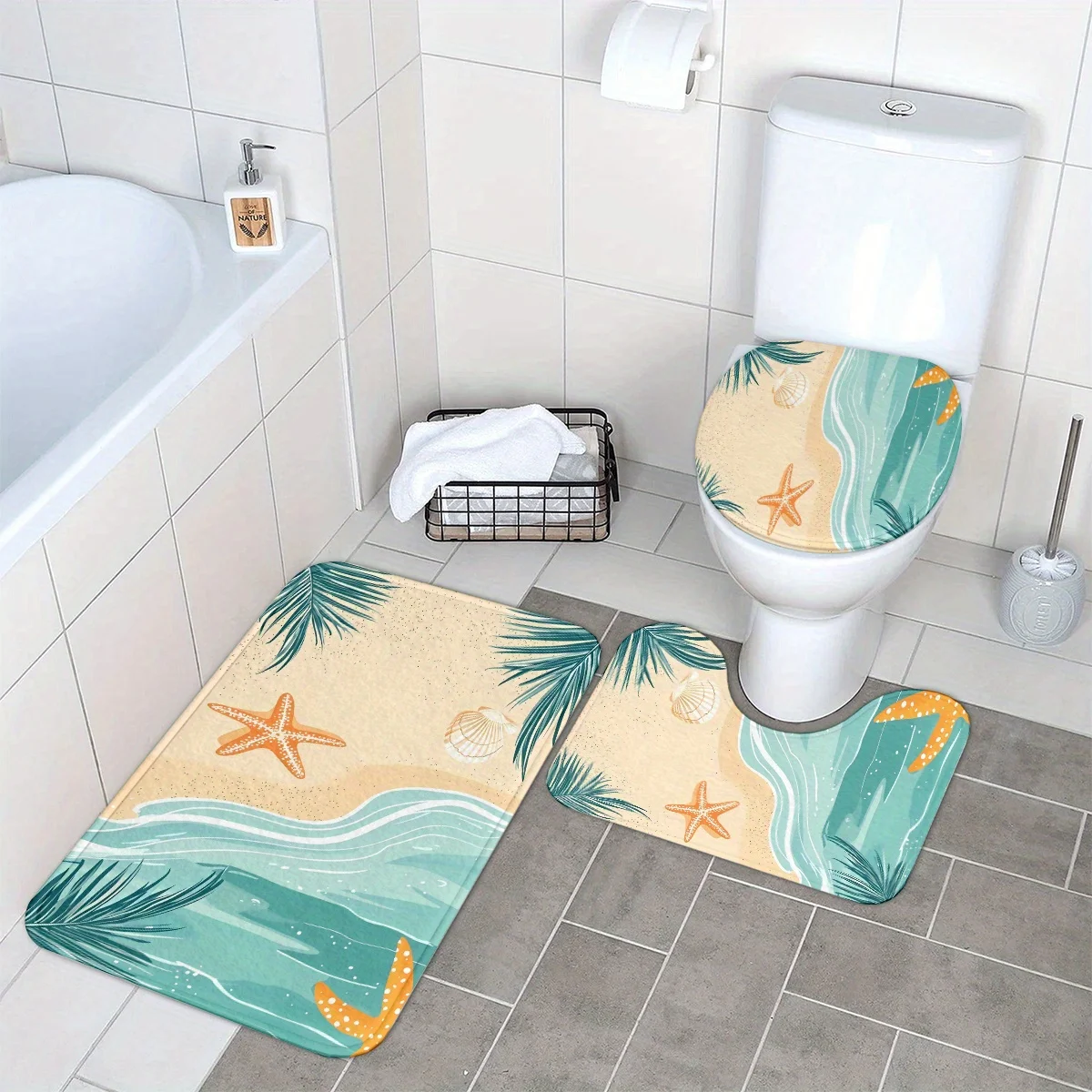 

Набор из 3 предметов для декора ванной комнаты с пляжным принтом, полиэфирная ткань, можно стирать в машине, нескользящий коврик, U-образный коврик, чехол на сиденье унитаза