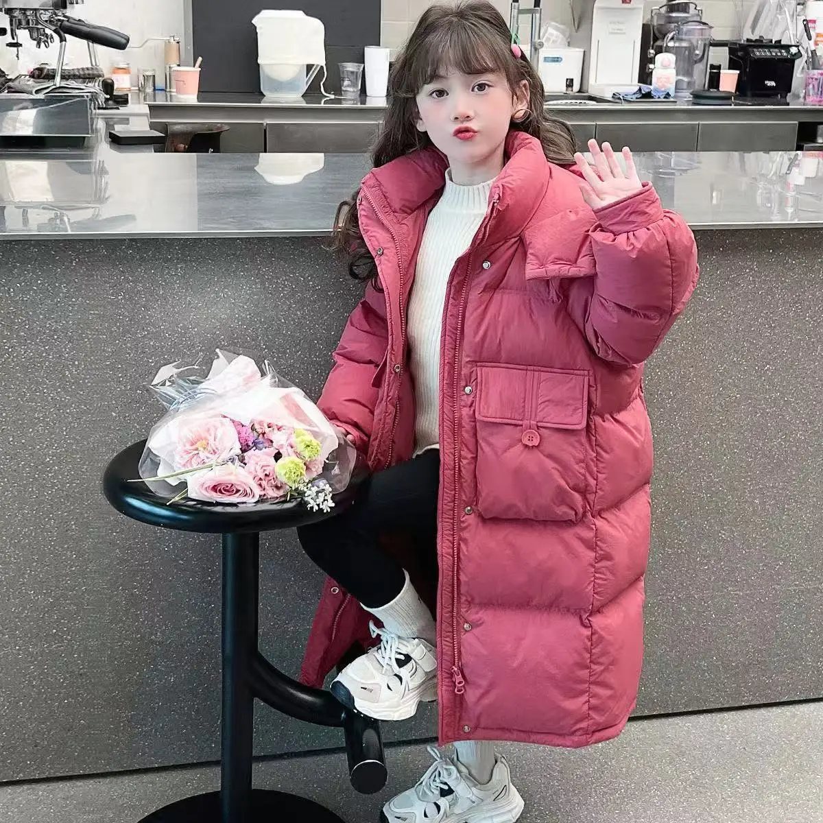 -30℃ Winter New Girls Jacket Long Solid Color Thick Keep Warm Hooded Windbreak Coat For 6-14 Years Teen Girls Fashion Snowsuit