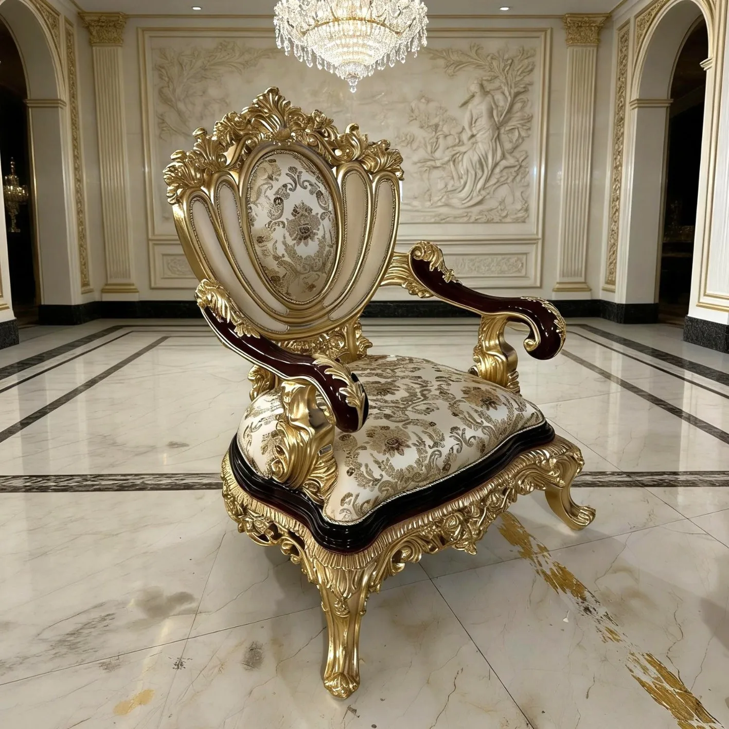 luxury full solid wood carved sofa European style living room with gold leaf fabric villa high-end living room single leisure