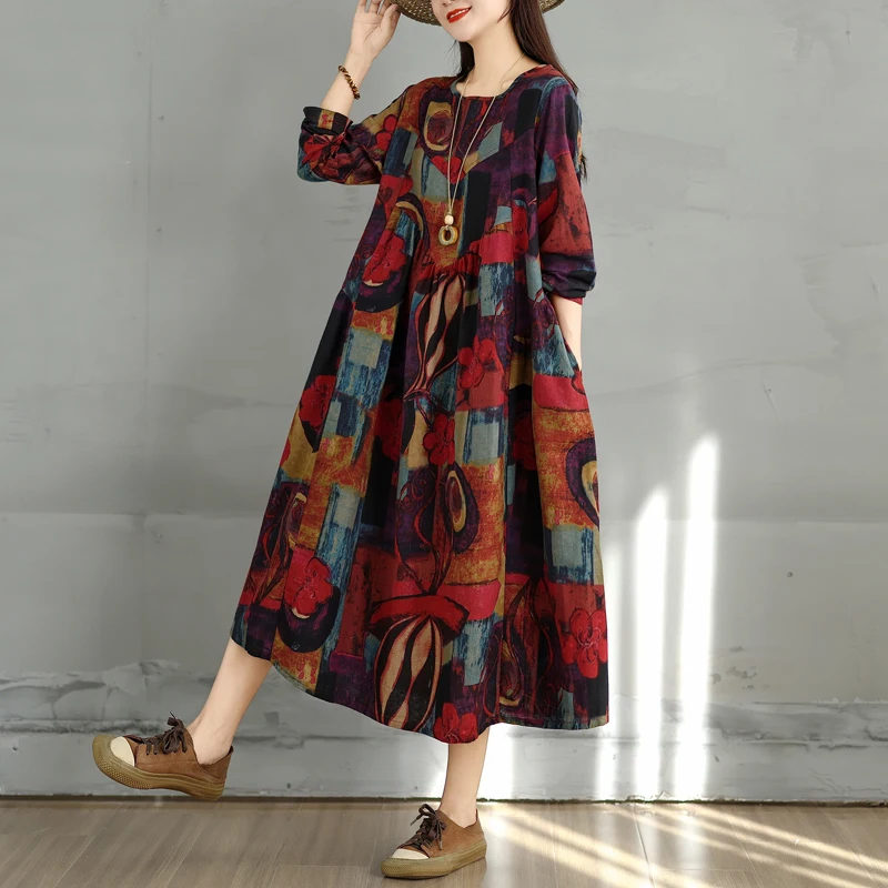 

Retro Cotton Linen Print round Ne Long Sve Women's Dr Loose plus Size Slimming A-Line Skirt Ciwalk High Waist Bambo...