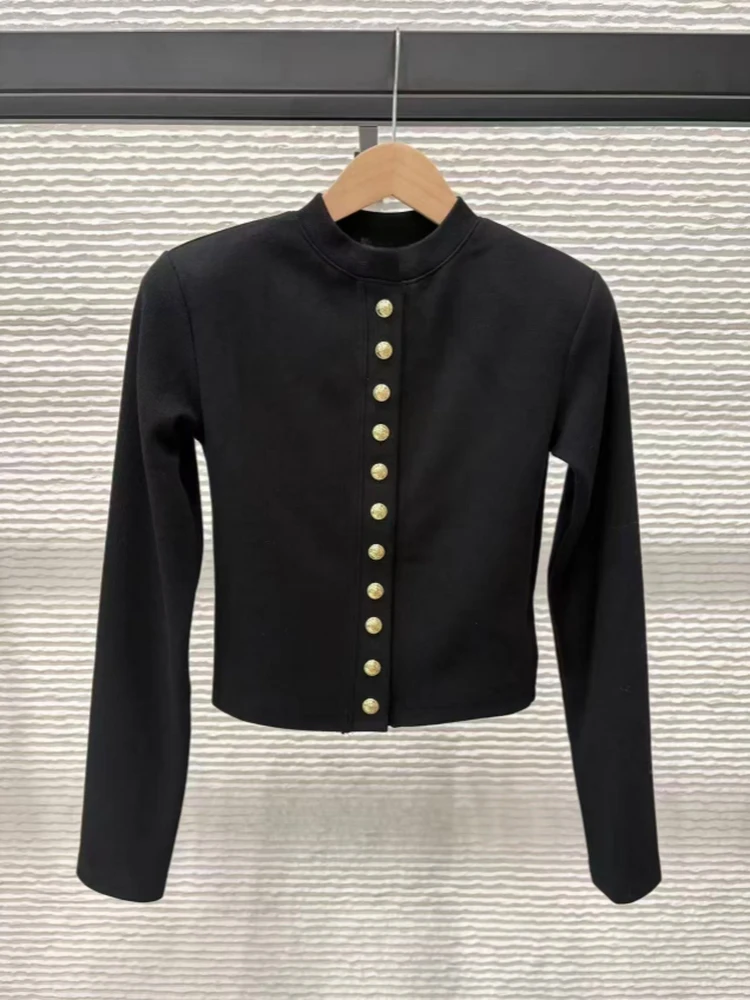 

2026 Spring New Style Little Fragrance Black round Neck Metal Buckle Knitted Short Cardigan Women Slim Fit Short Outerwear Top