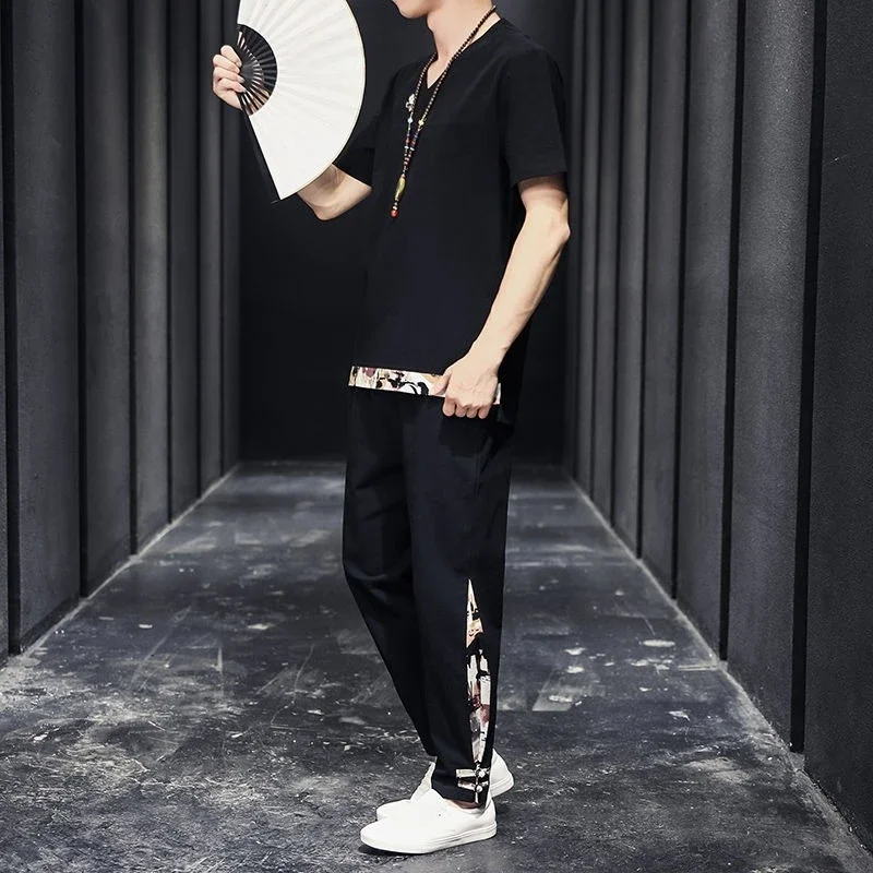 

Print Male T Shirt Trousers Sets Cotton Graphic Polyester Korean Two Piece New in Matching Cheap Clothes Loose Men's Pants Set
