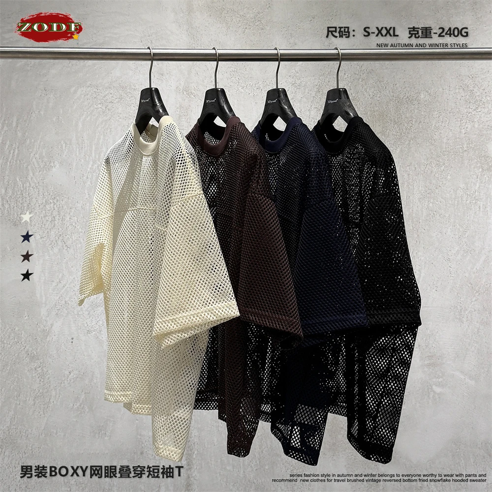 ZODF جديد 2026 الصيف تنفس شبكة تي شيرت للرجل للجنسين شارع العليا 240gsm Boxyfit تي شيرت العلامة التجارية بلايز HY1179