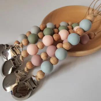 Baby Anti-Drop Cadeia Chupeta Clipes, Silicone Beech Wood Beads, Chupeta de Appease Mamilo Infantil, Titular manequim